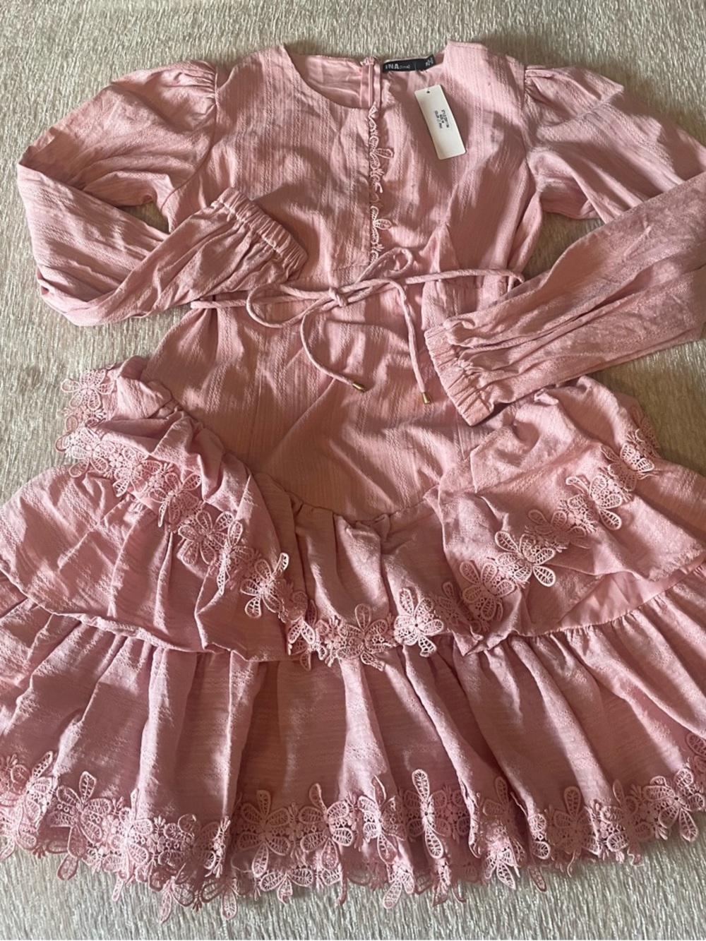 Ina Pink mini dress floral embroidery along hem. Medium NWT